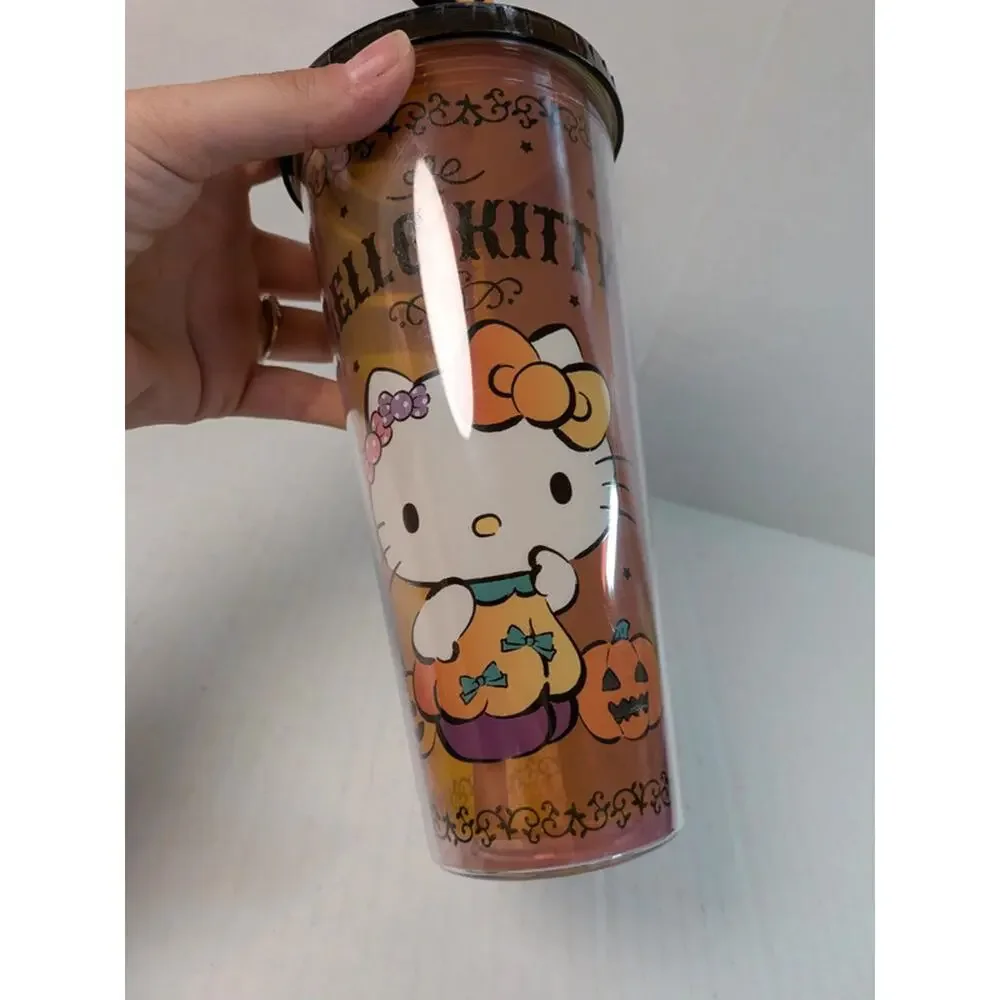 NEW Hello Kitty Halloween Pumpkin Tumbler Cup 24oz Purple Straw Topper Sanrio